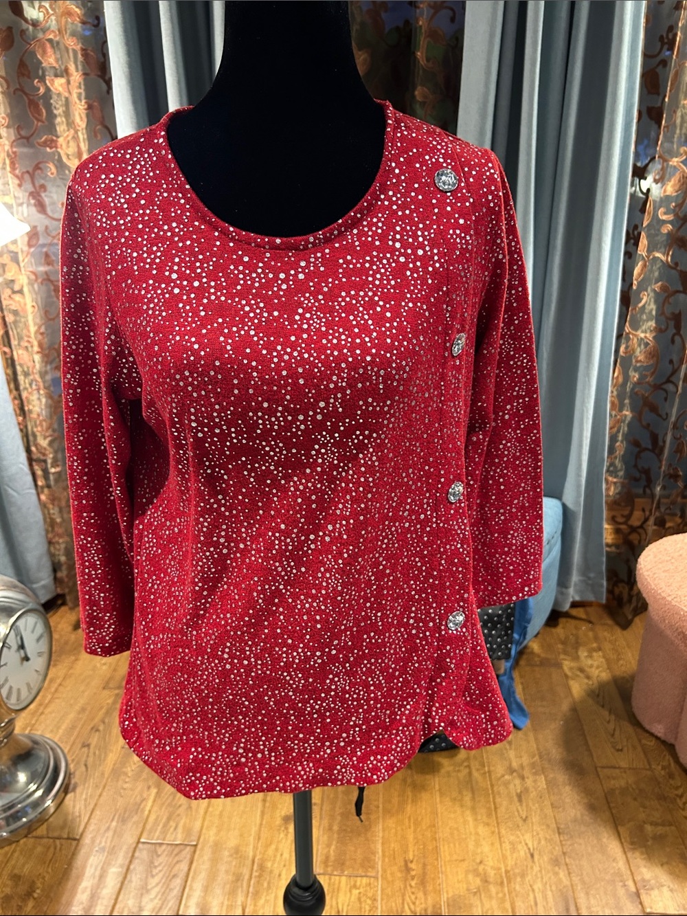 Adrienne Vittadini Red Sequin Dot Button-Accent Sweatshirt